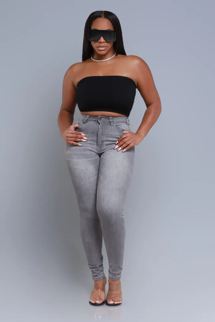 Sorry For You High Rise Fitted Skinny Jeans - Grey